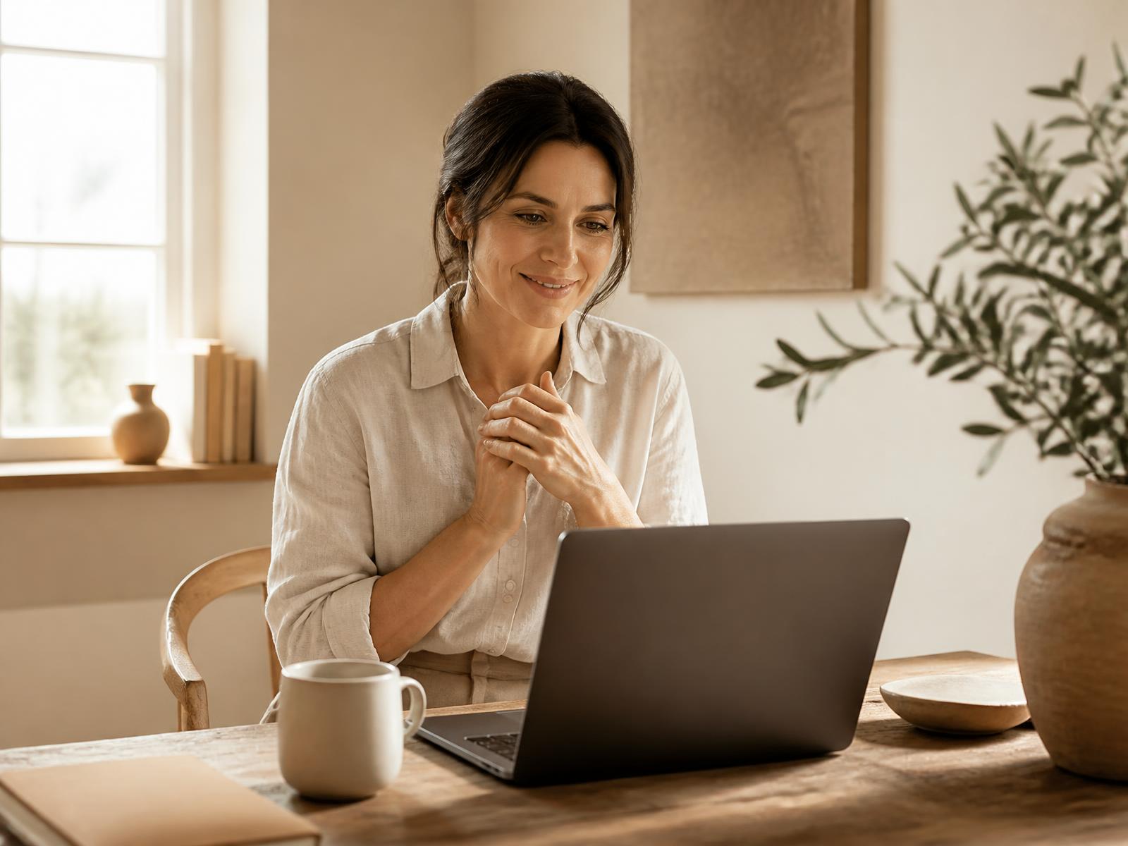 A client speaking with a coach during a private online video session at home