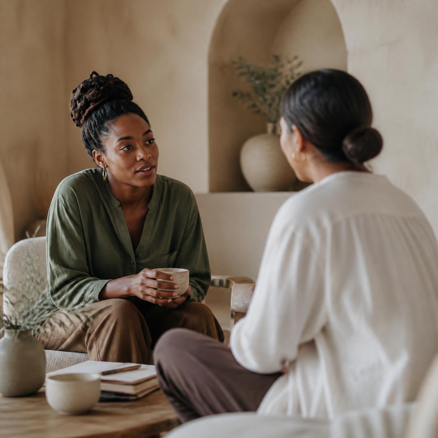 Two people in a warm, calm coaching conversation